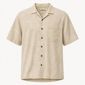 Tommy Bahama Camp Shirt Mens XL Beige 100% Silk Floral Jacquard Short Sleeve